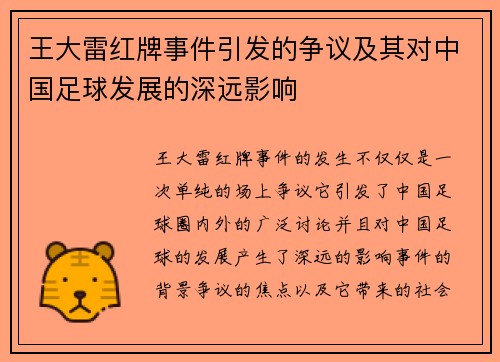 王大雷红牌事件引发的争议及其对中国足球发展的深远影响