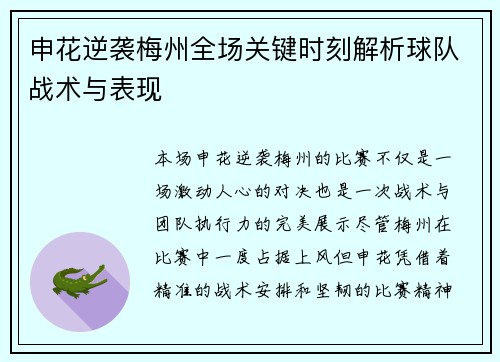 申花逆袭梅州全场关键时刻解析球队战术与表现